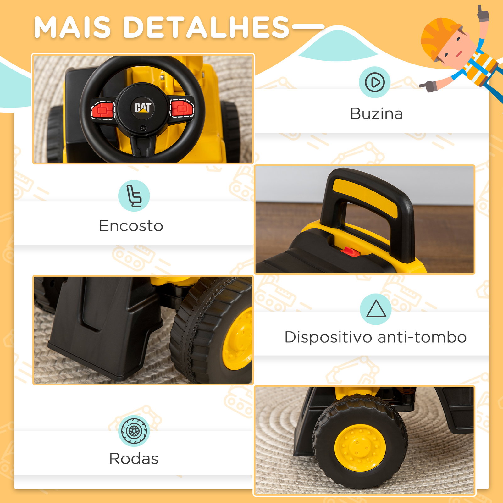 Escavadora com licença caterpillar escavadora para crianças com pá dianteira e buzina 85x27,5x47,5 cm amarelo
