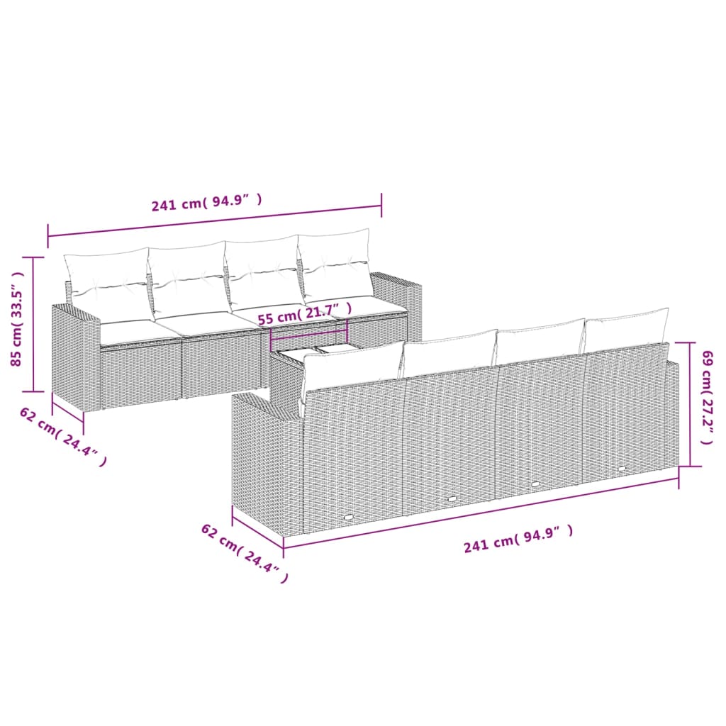 9 Pcs conjunto de sofás p/ jardim c/ almofadões vime PE preto