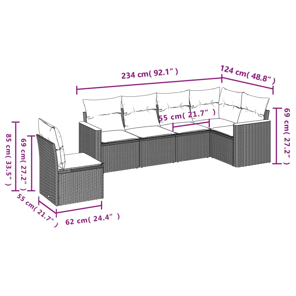 6 Pcs conjunto sofás de jardim c/ almofadões vime PE preto