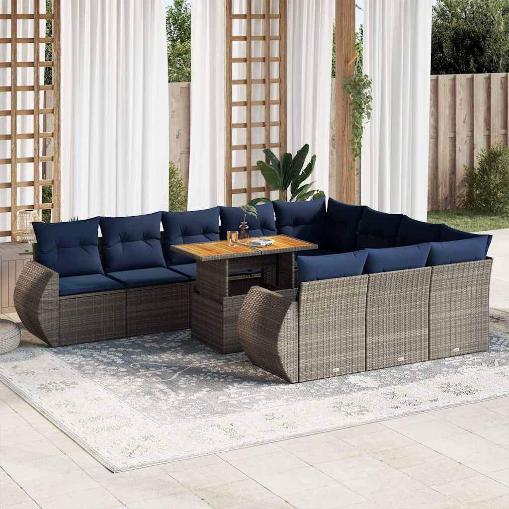 11 Pcs conjunto sofás de jardim c/ almofadões vime PE cinzento