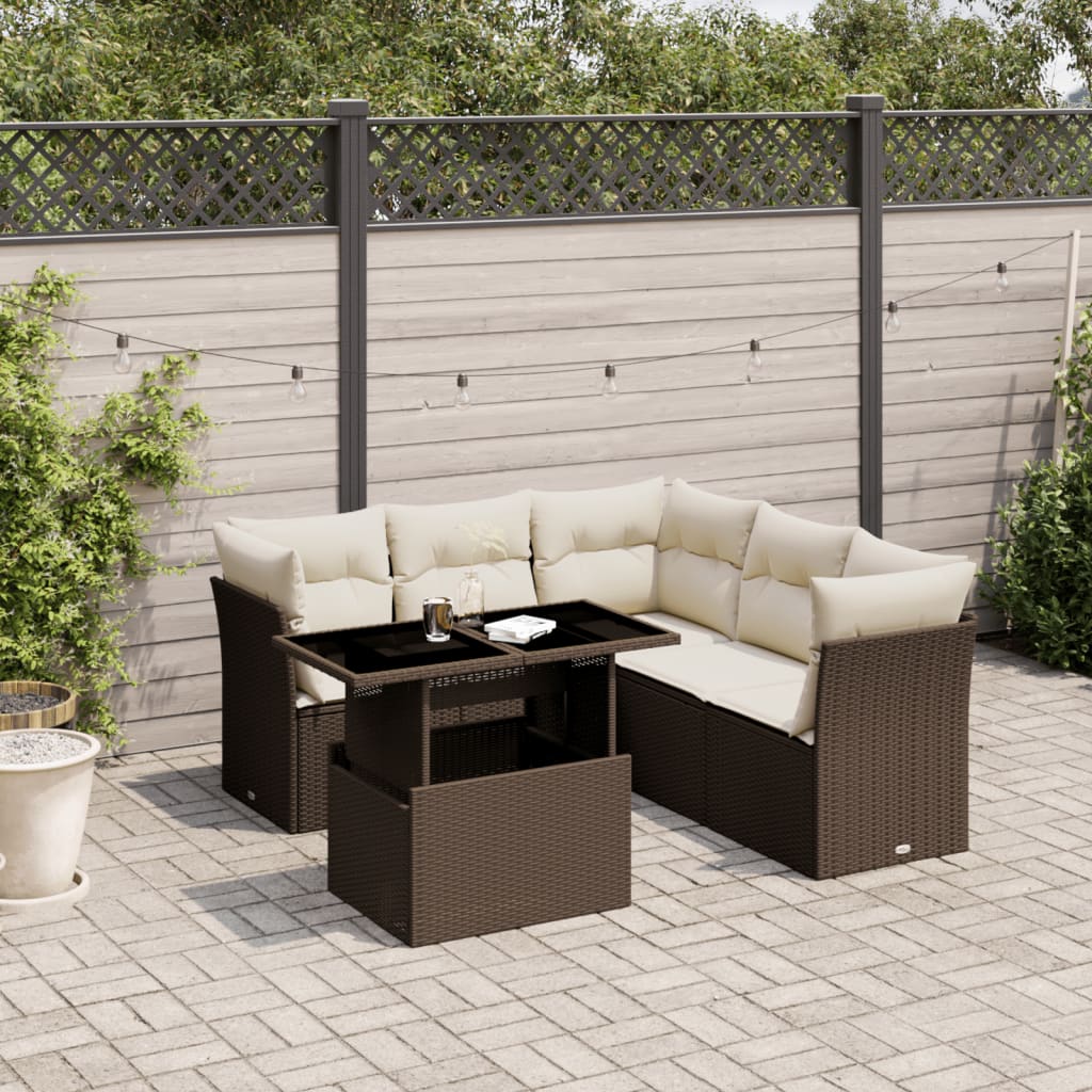 6 Pcs conjunto de sofás jardim c/ almofadões vime PE castanho