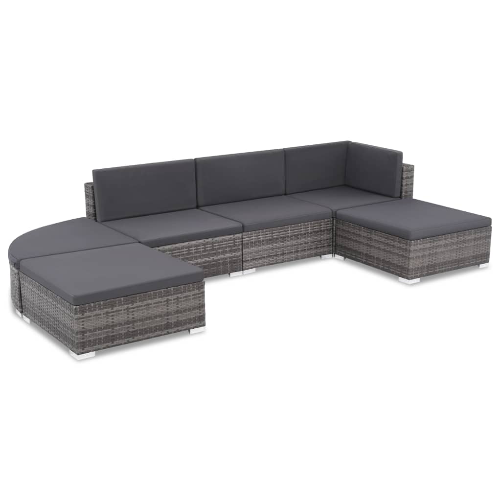 6 Pcs conjunto lounge de jardim c/ almofadões vime PE cinzento