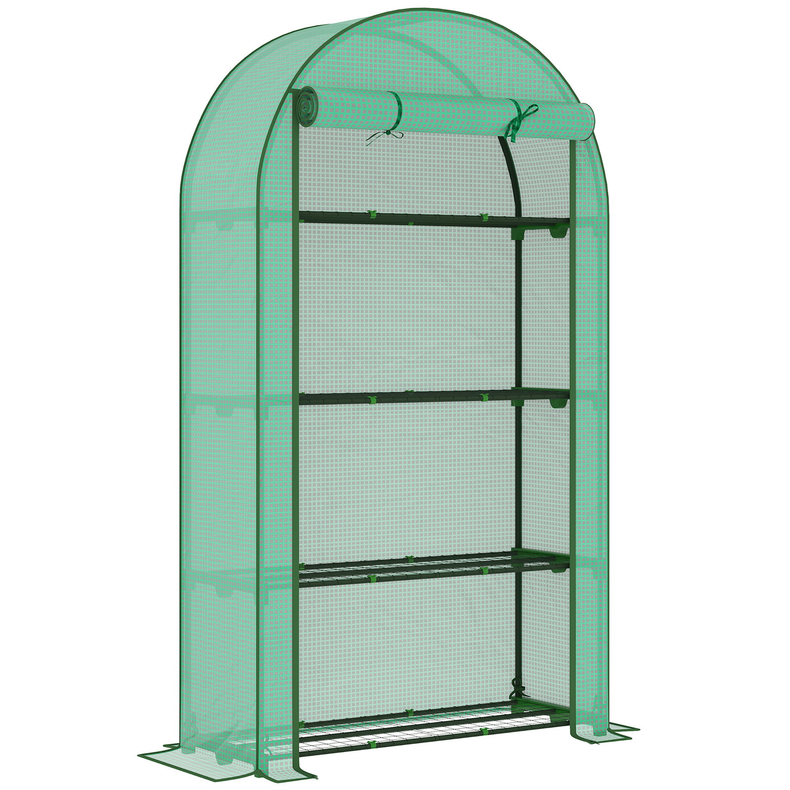 Estufa pequena com 4 prateleiras porta enrolável cobertura de PE e estrutura de aço para cultivos 105x45x160 cm verde