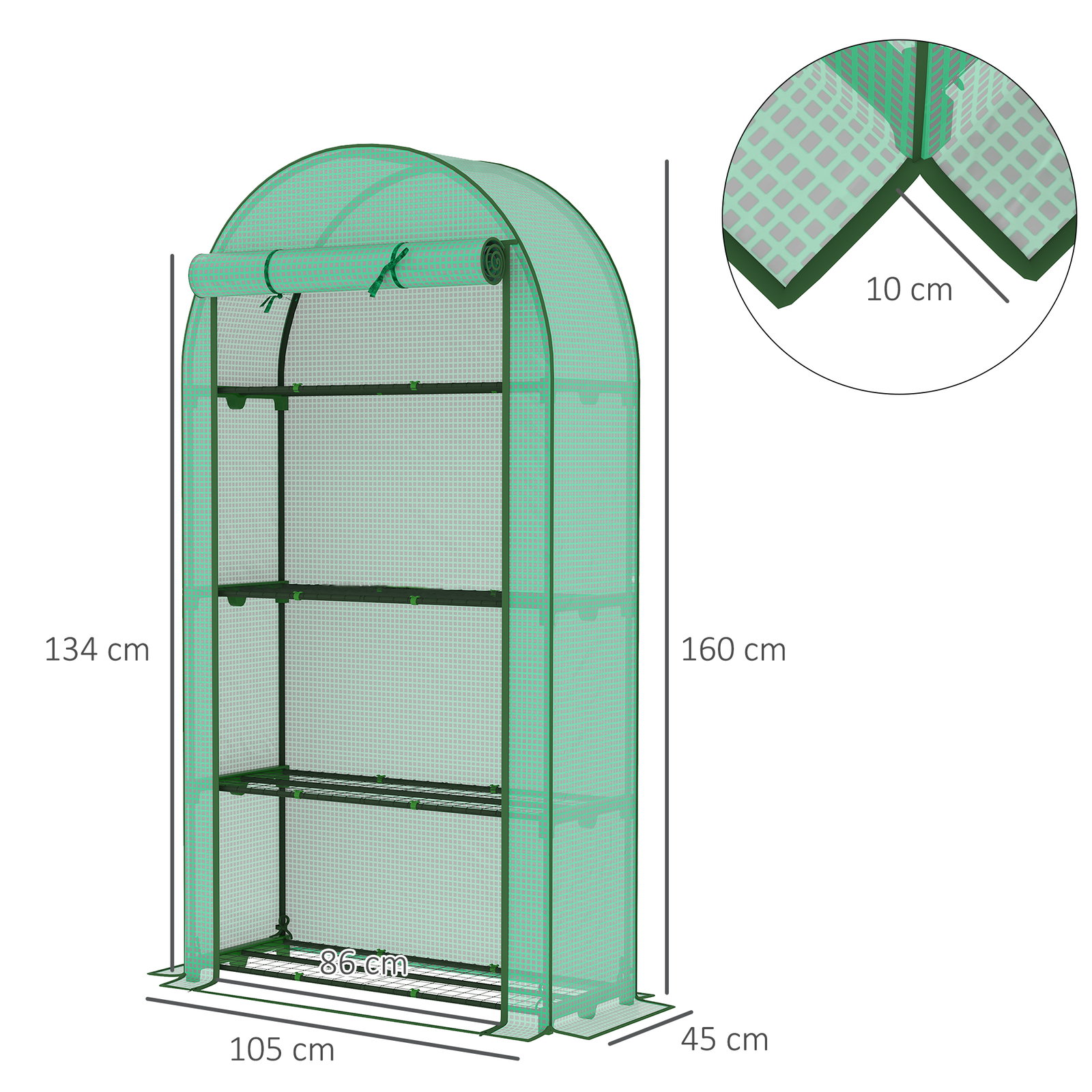 Estufa pequena com 4 prateleiras porta enrolável cobertura de PE e estrutura de aço para cultivos 105x45x160 cm verde