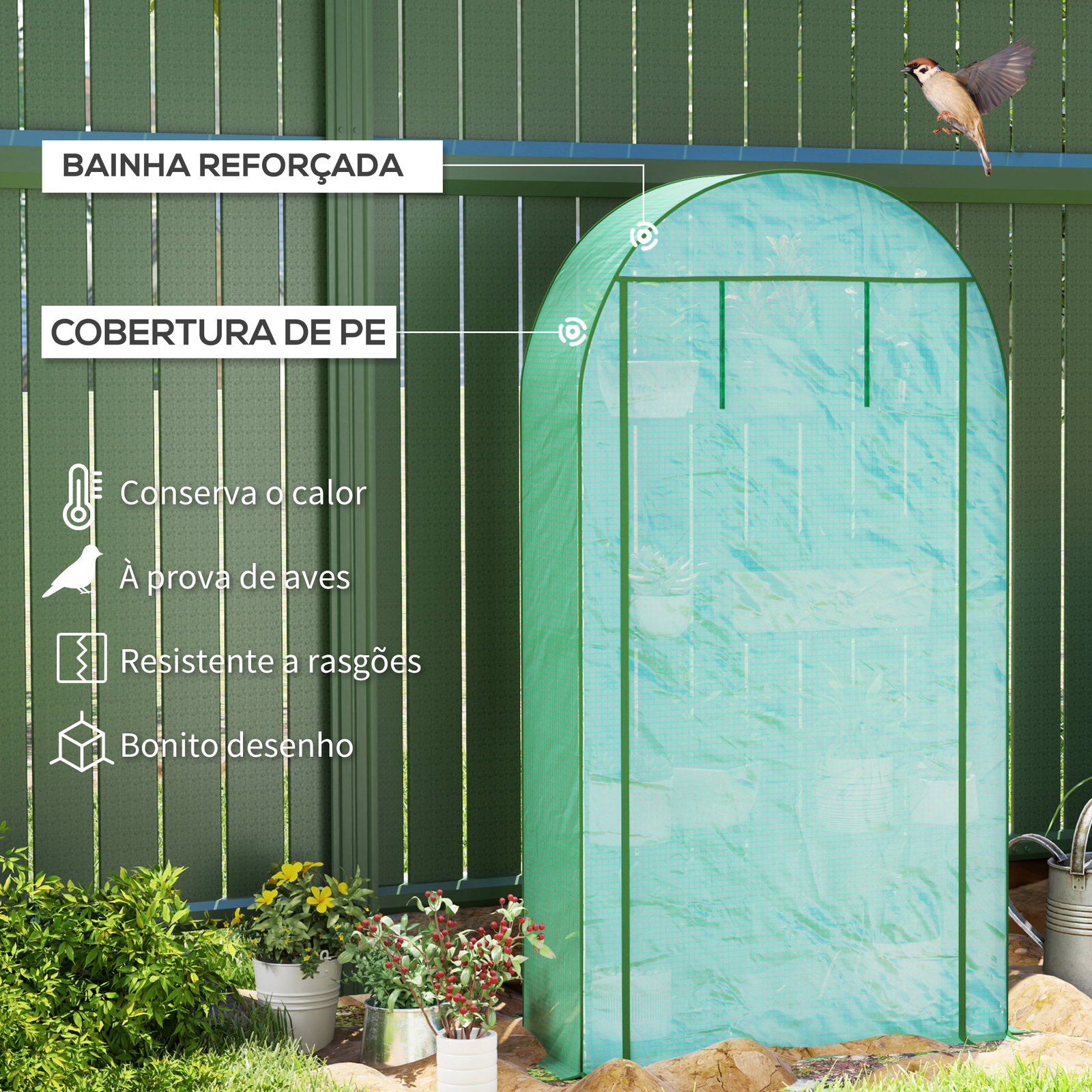 Estufa pequena com 4 prateleiras porta enrolável cobertura de PE e estrutura de aço para cultivos 105x45x160 cm verde