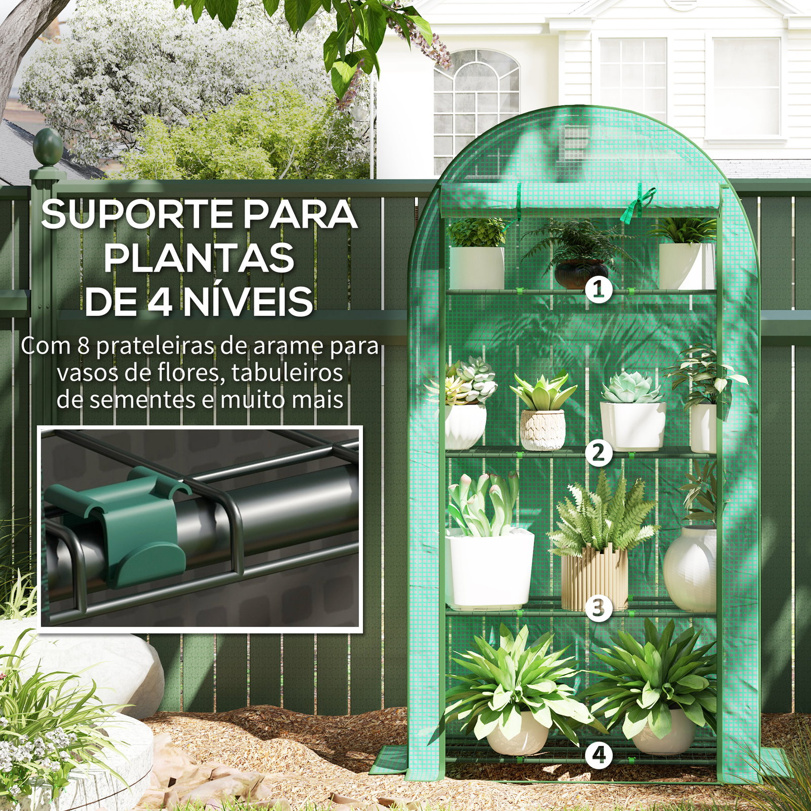 Estufa pequena com 4 prateleiras porta enrolável cobertura de PE e estrutura de aço para cultivos 105x45x160 cm verde