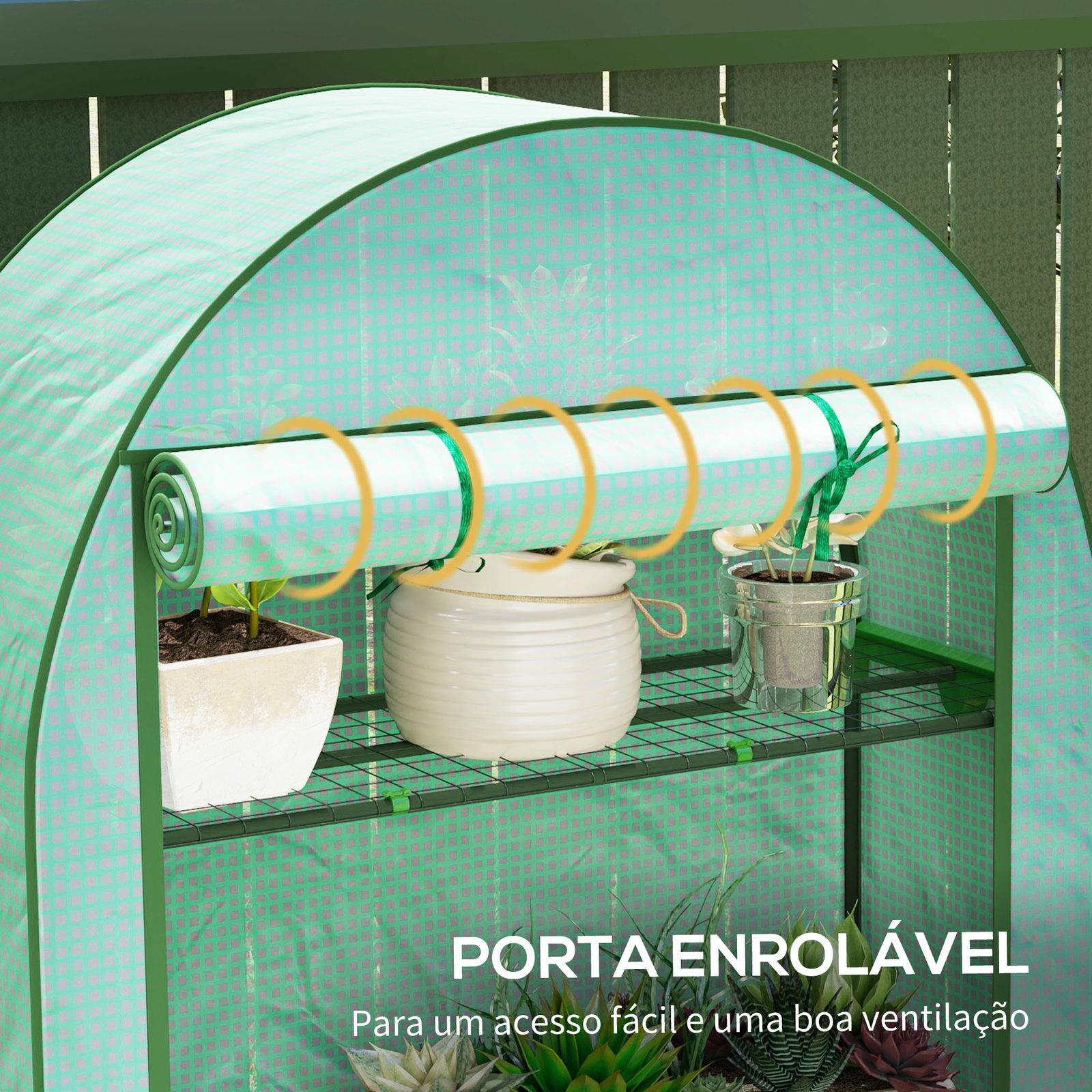 Estufa pequena com 4 prateleiras porta enrolável cobertura de PE e estrutura de aço para cultivos 105x45x160 cm verde