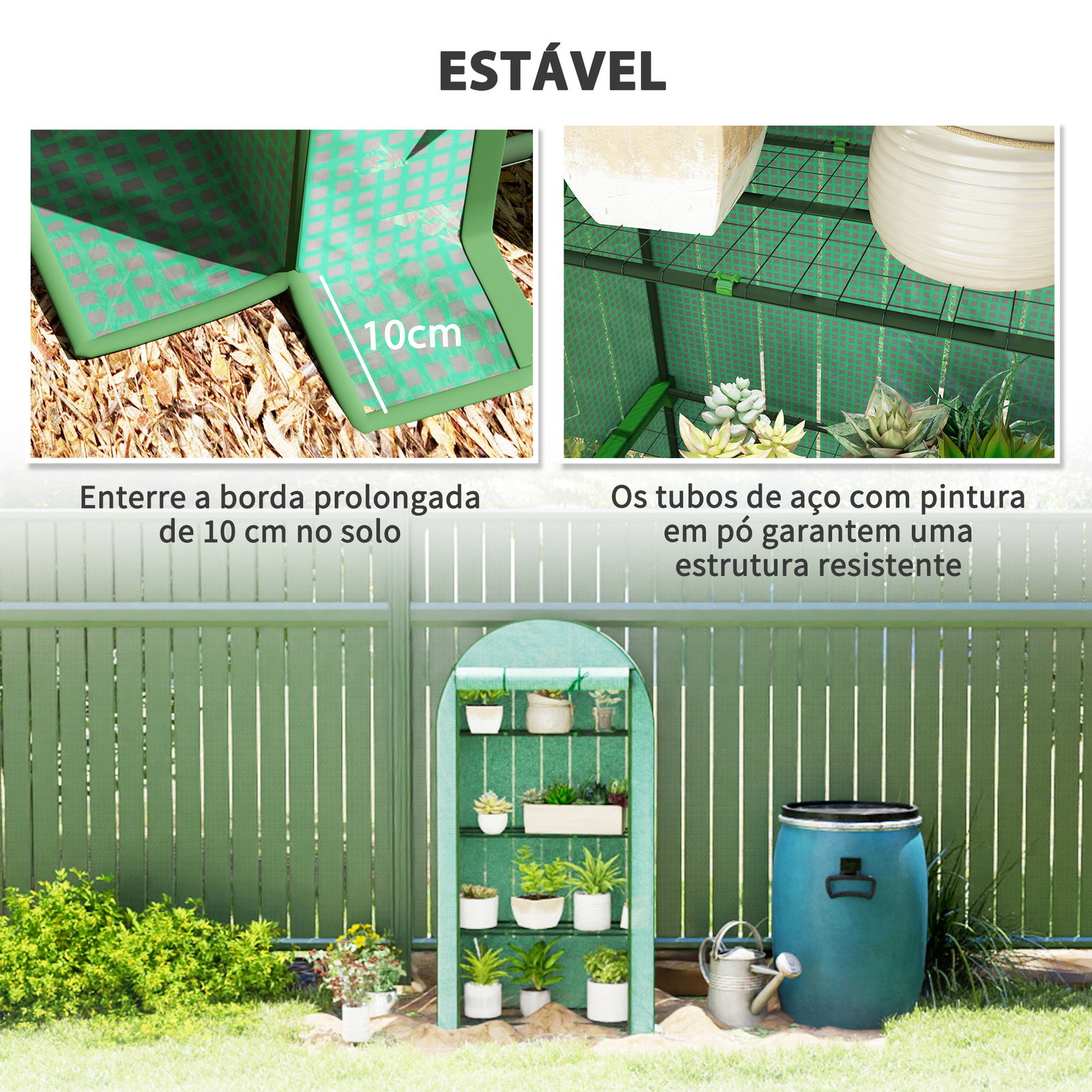 Estufa pequena com 4 prateleiras porta enrolável cobertura de PE e estrutura de aço para cultivos 105x45x160 cm verde