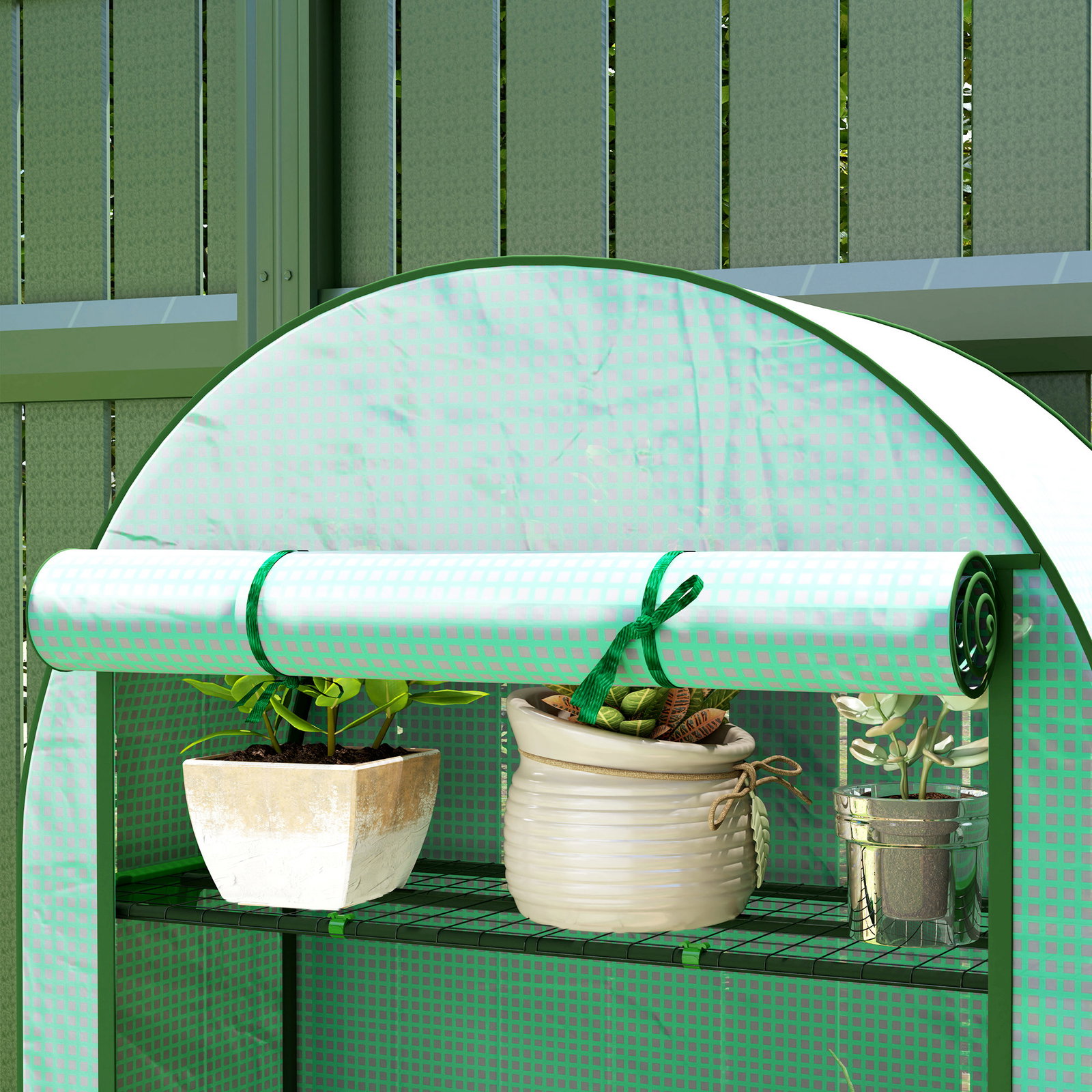 Estufa pequena com 4 prateleiras porta enrolável cobertura de PE e estrutura de aço para cultivos 105x45x160 cm verde