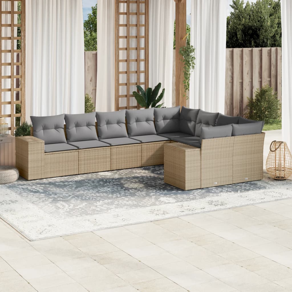 9 Pcs conjunto de sofás p/ jardim com almofadões vime PE bege