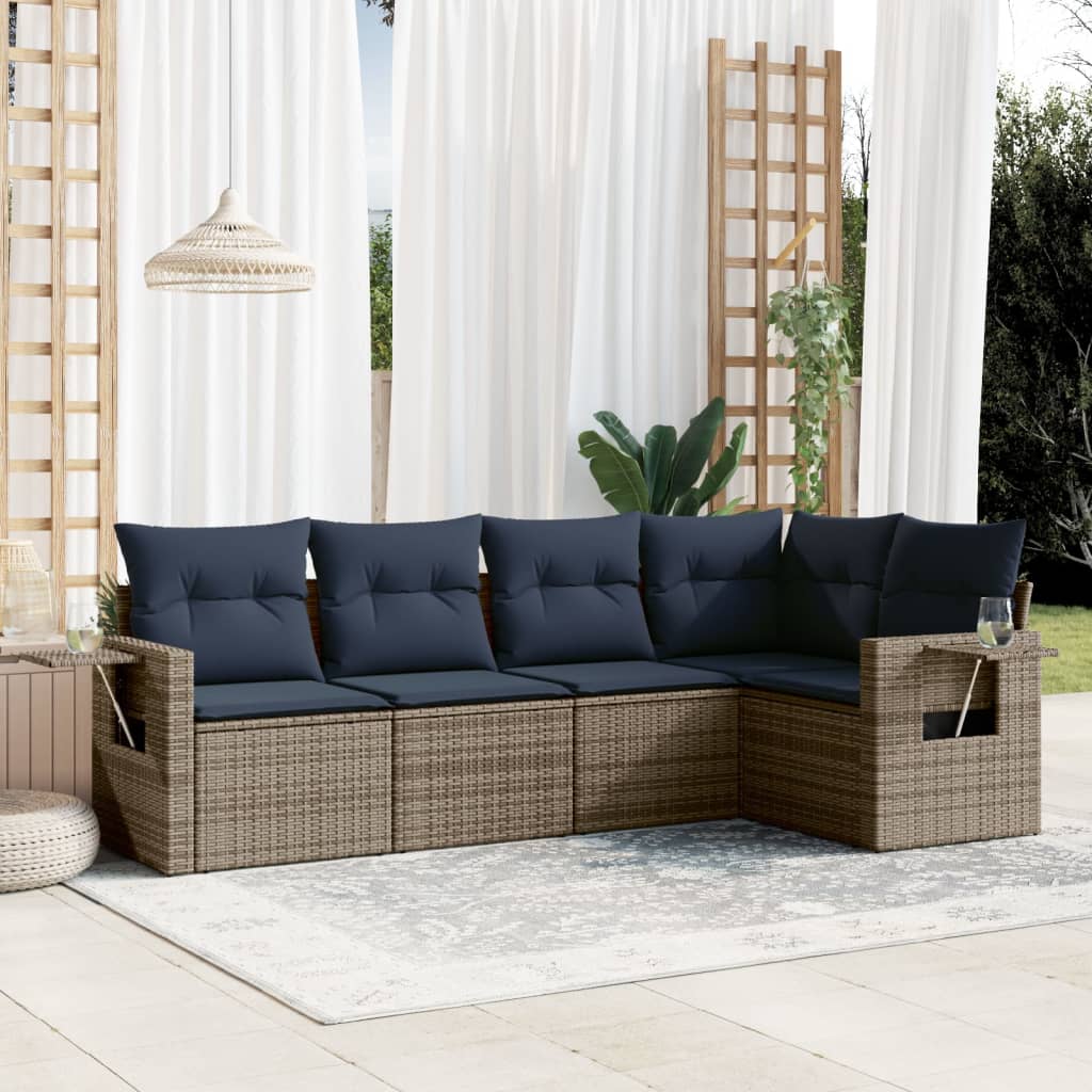 Conjunto de sofá de jardim de 5 peças com almofadas em rattan sintético cinza