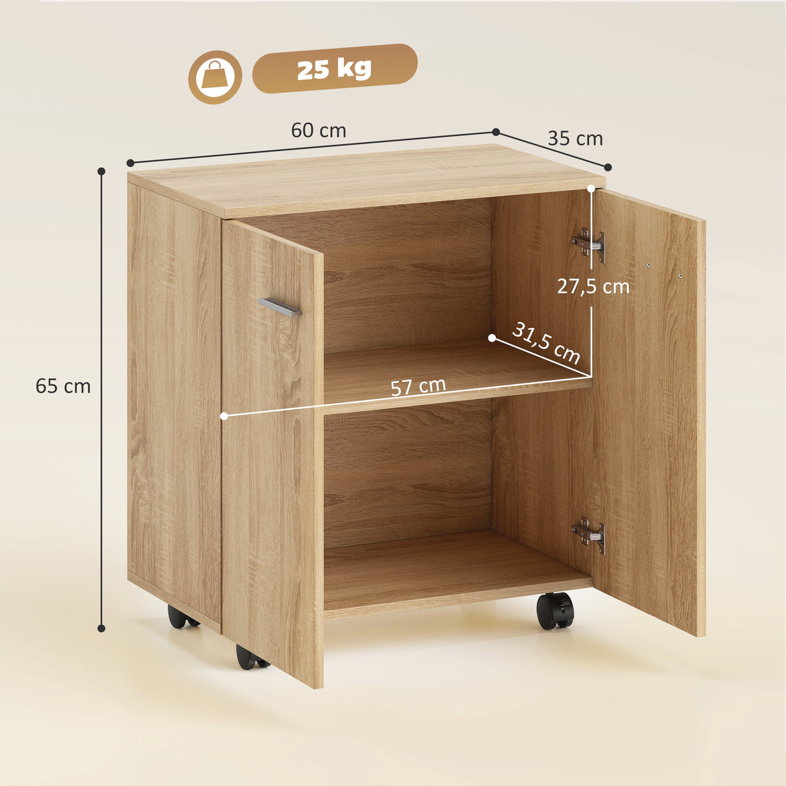 Aparador de sala com rodas 2 portas e prateleiras para sala de estar quarto escritório 60x35x65 cm madeira