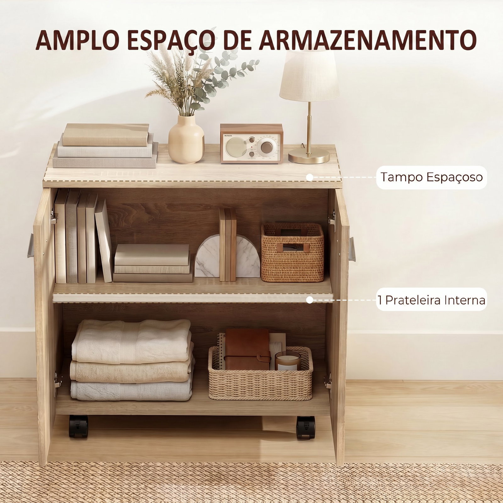 Aparador de sala com rodas 2 portas e prateleiras para sala de estar quarto escritório 60x35x65 cm madeira