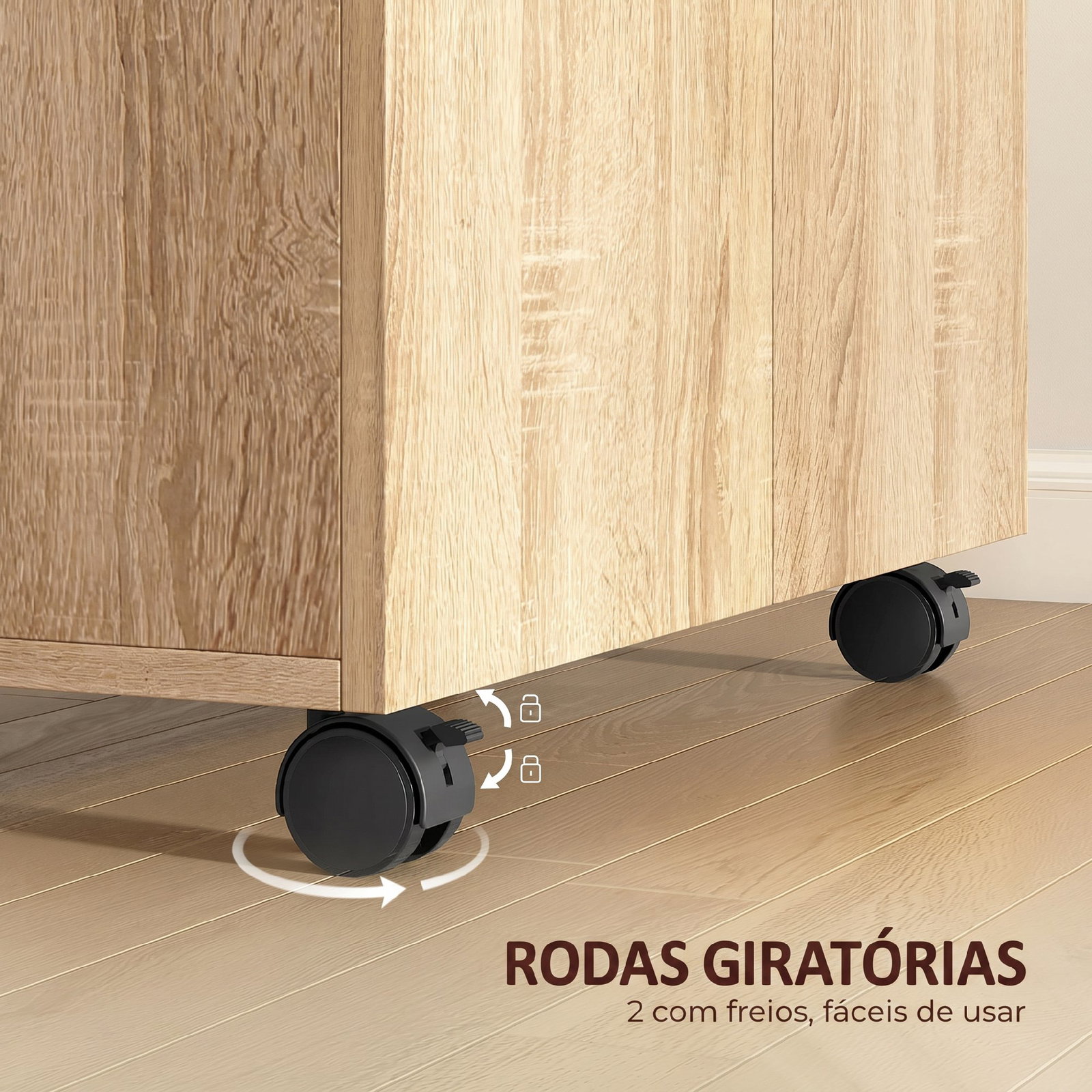 Aparador de sala com rodas 2 portas e prateleiras para sala de estar quarto escritório 60x35x65 cm madeira