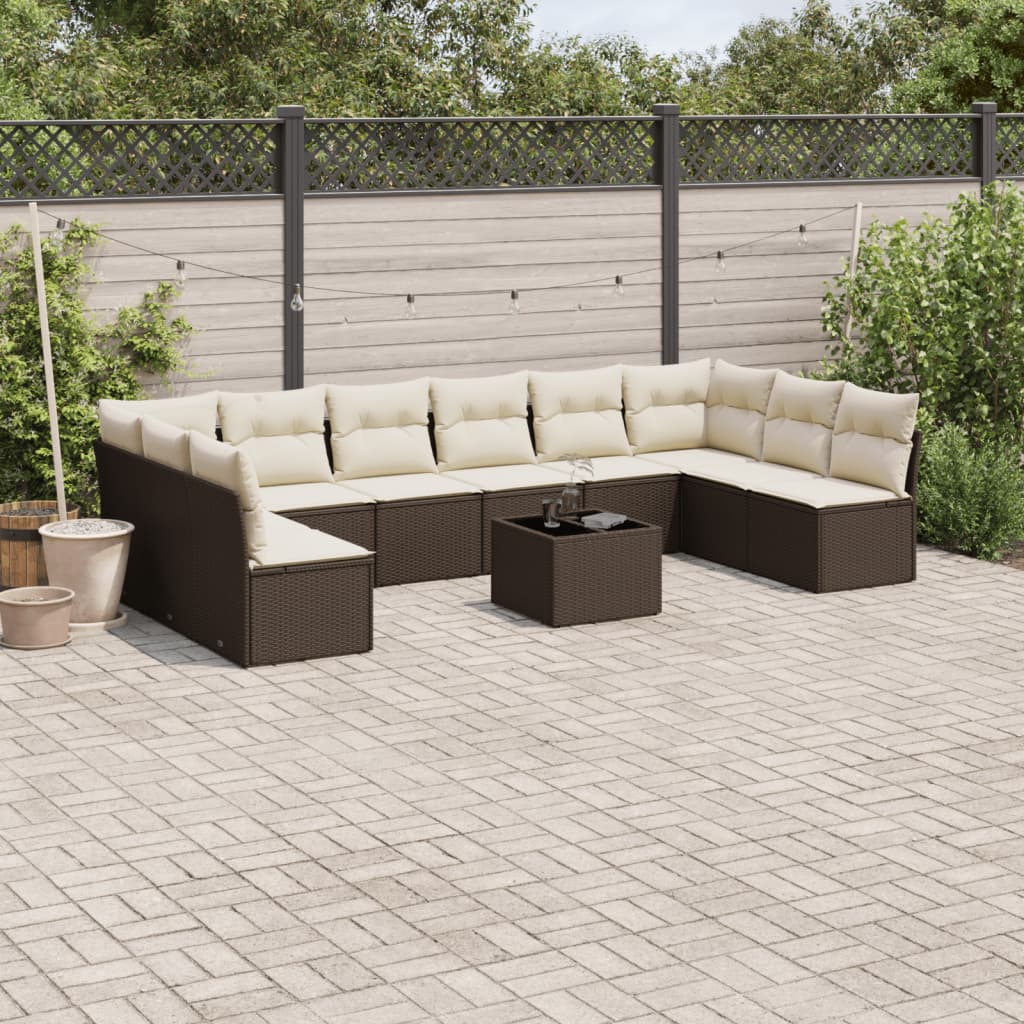 11 Pcs conjunto sofás de jardim c/ almofadões vime PE castanho