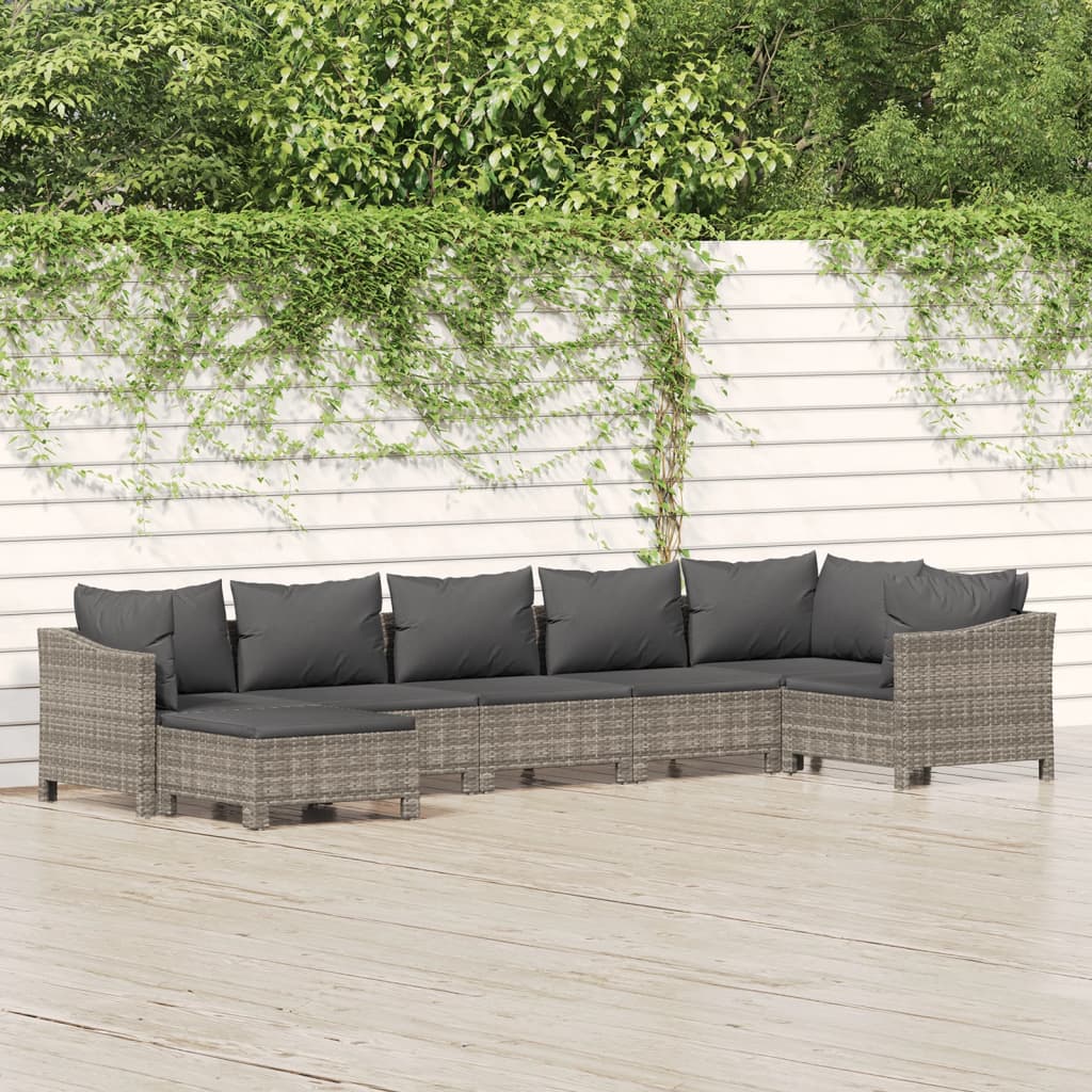 7 Pcs conjunto lounge de jardim c/ almofadões vime PE cinzento