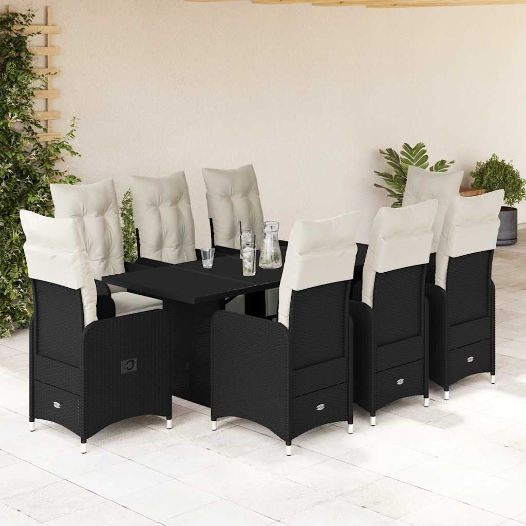 9 Pcs conjunto de bistrô p/ jardim c/ almofadões vime PE preto