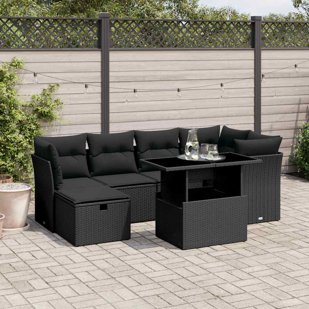 7 Pcs conjunto de sofás p/ jardim c/ almofadões vime PE preto