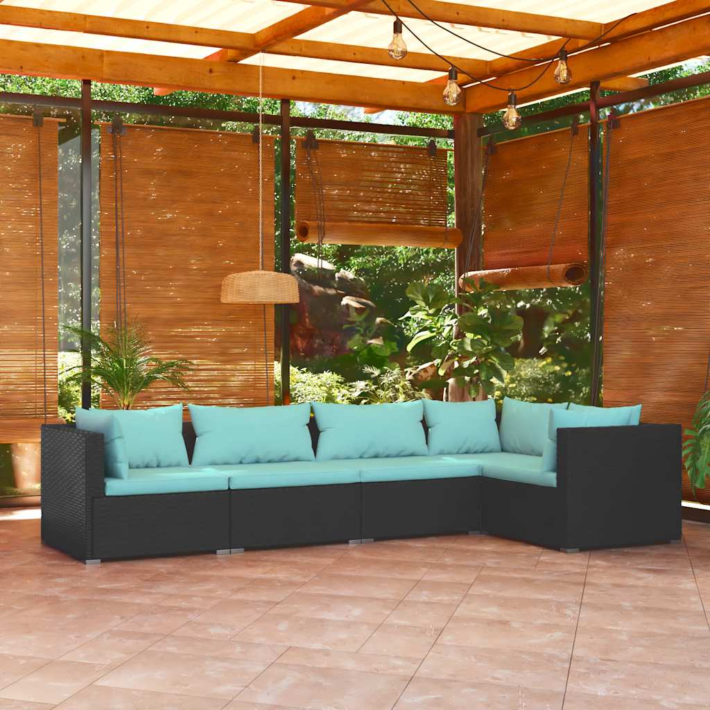 5 Pcs conjunto lounge de jardim c/ almofadões vime PE preto