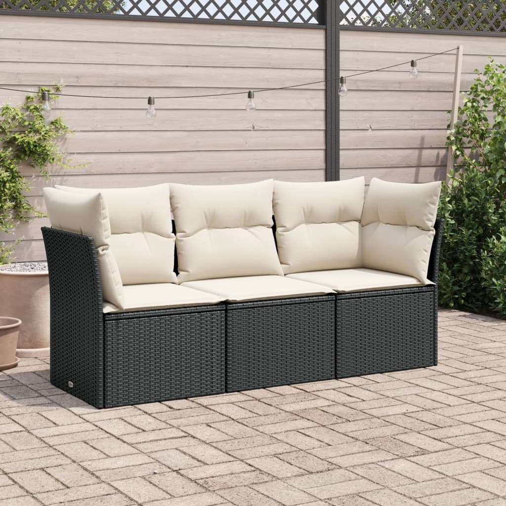 3 Pcs conjunto sofás de jardim com almofadões vime PE preto