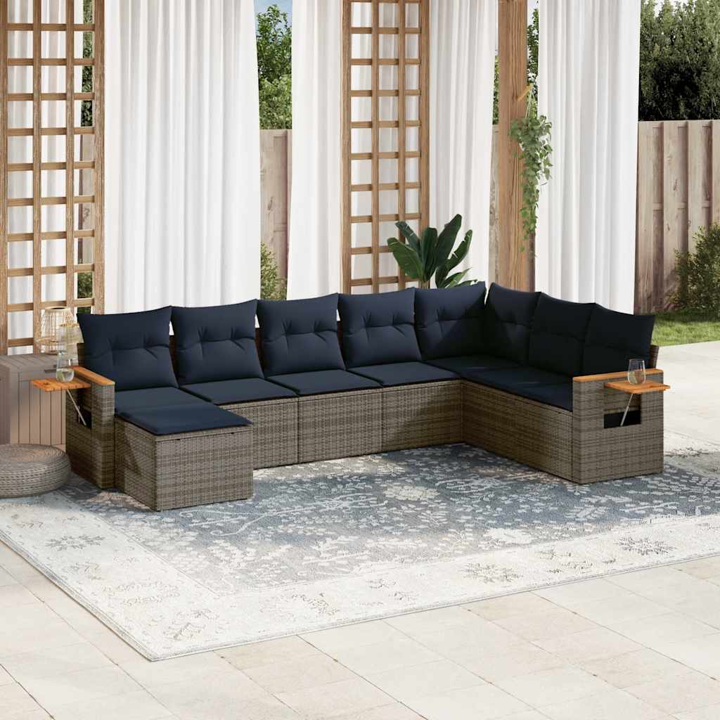 8 Pcs conjunto sofás p/ jardim c/ almofadões vime PE cinzento