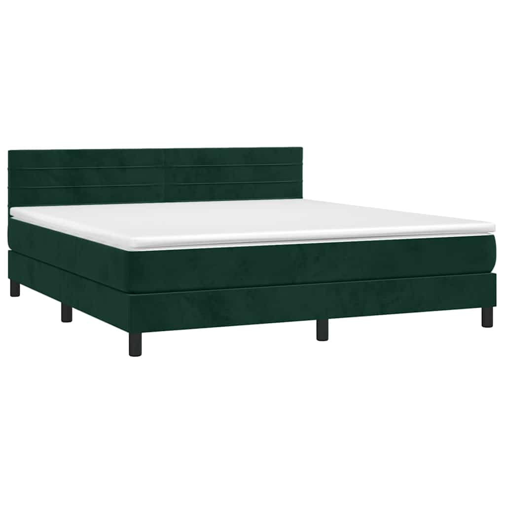 Cama box spring c/ colchão/LED 160x200 cm veludo verde-escuro