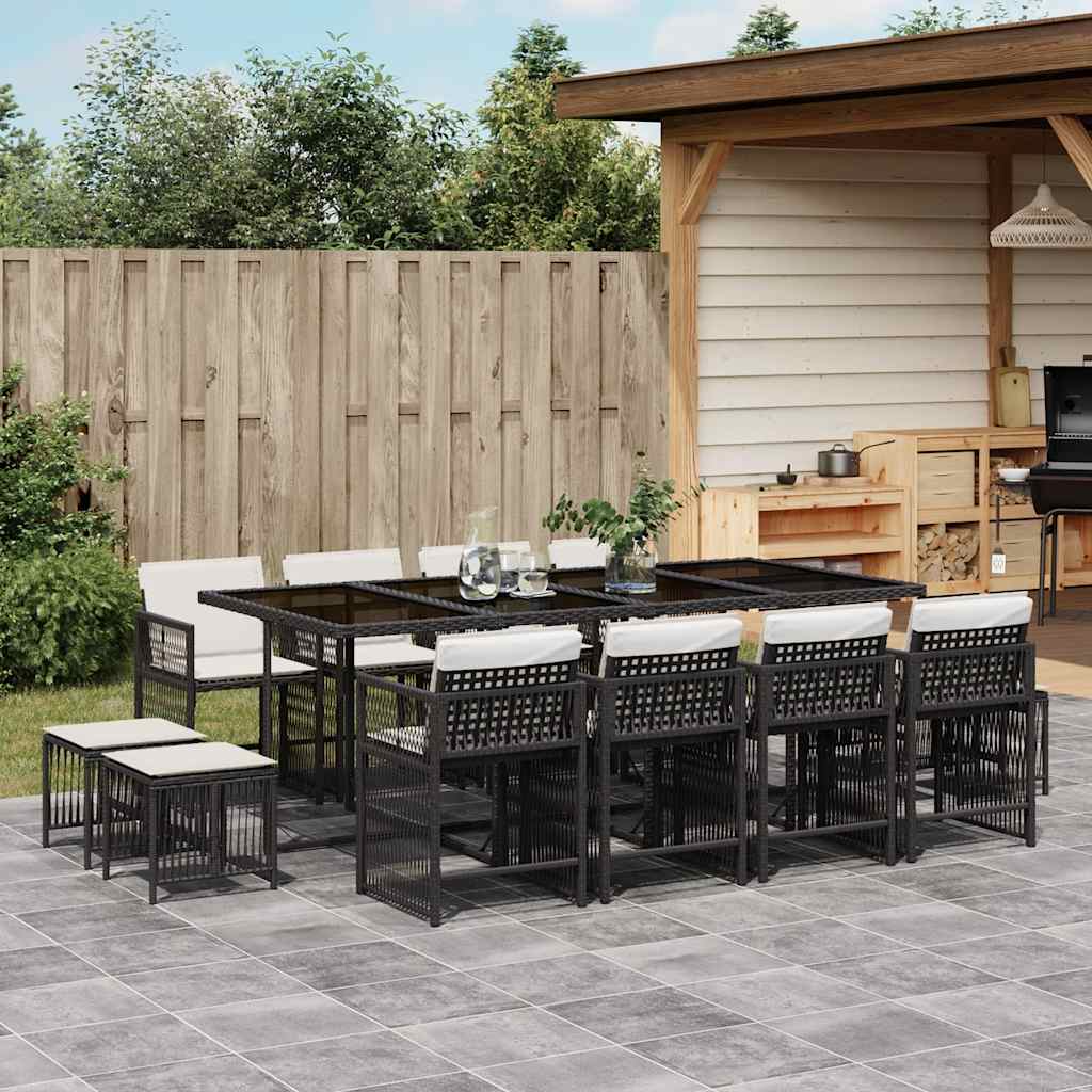 13 Pcs conjunto de jantar p/jardim com almofadões vime PE preto