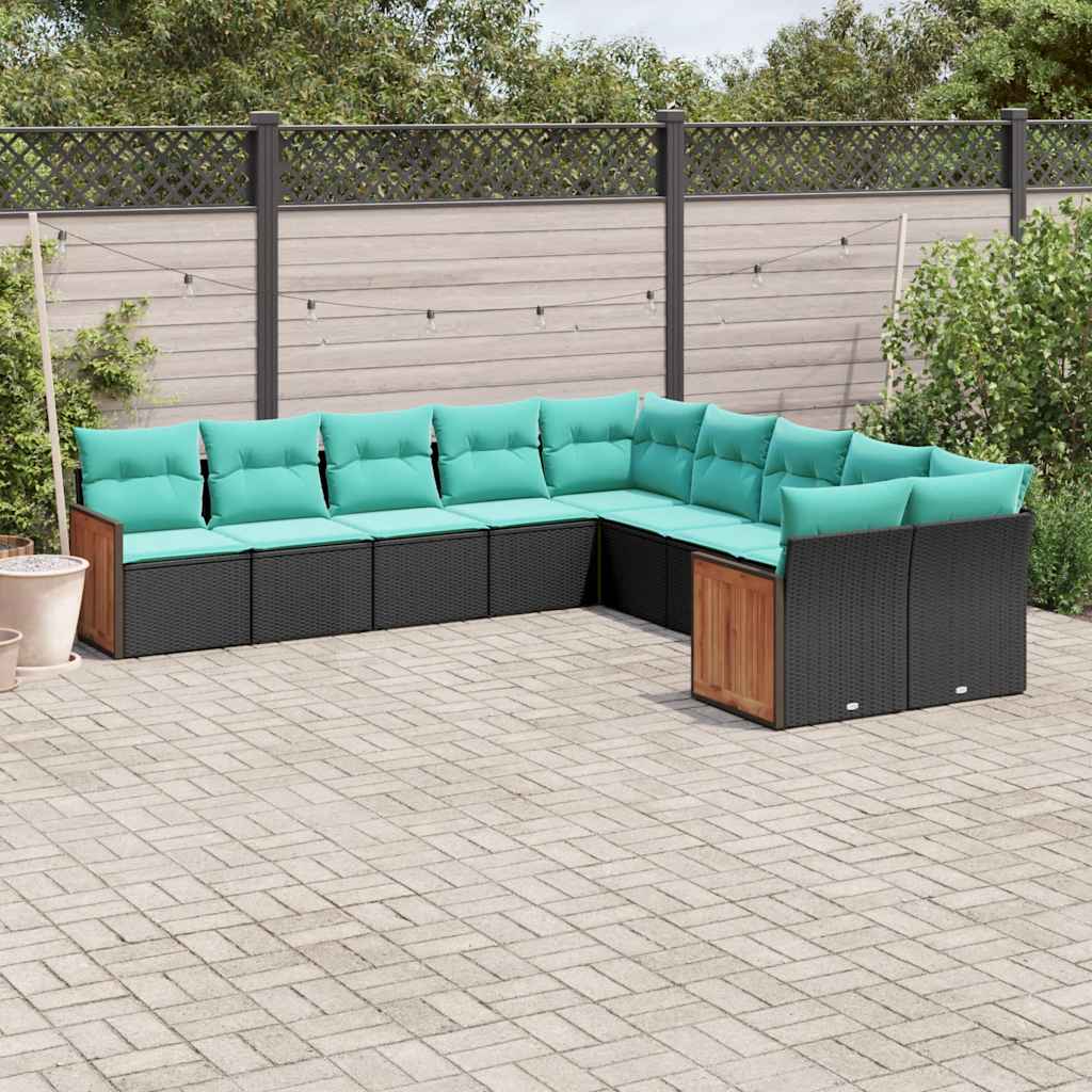 Conjunto de sofá de jardim com 10 peças e almofadas em rattan sintético preto