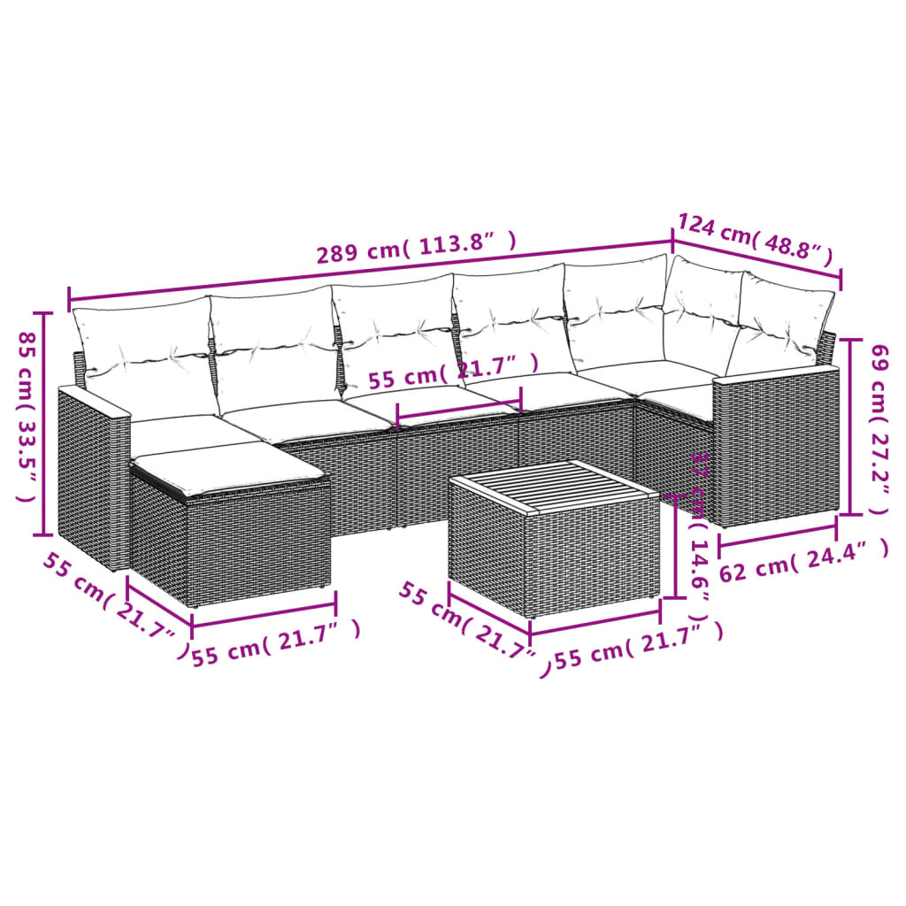 8 Pcs conjunto de sofás p/ jardim com almofadões vime PE bege