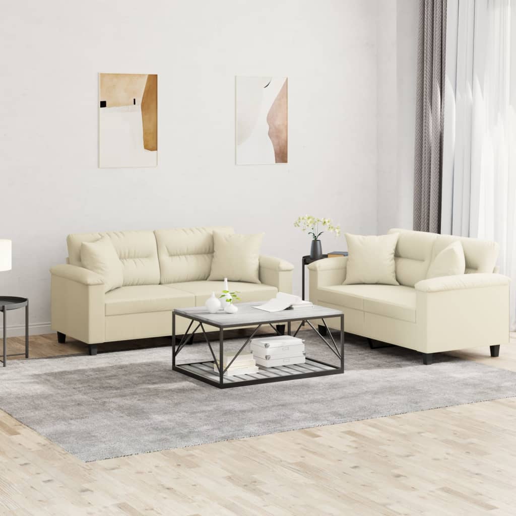 2 Pcs conjunto de sofás com almofadas couro artificial creme