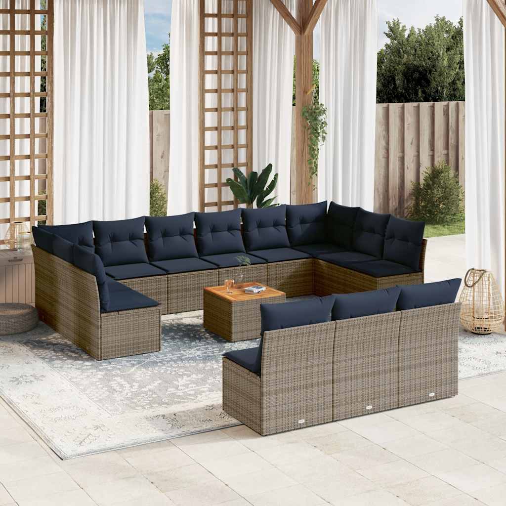 14 Pcs conjunto sofás p/ jardim c/ almofadões vime PE cinzento