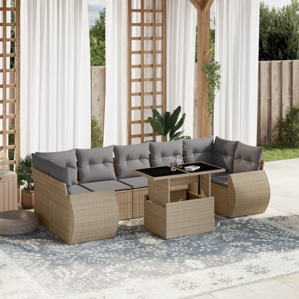 8 Pcs conjunto de sofás p/ jardim com almofadões vime PE bege