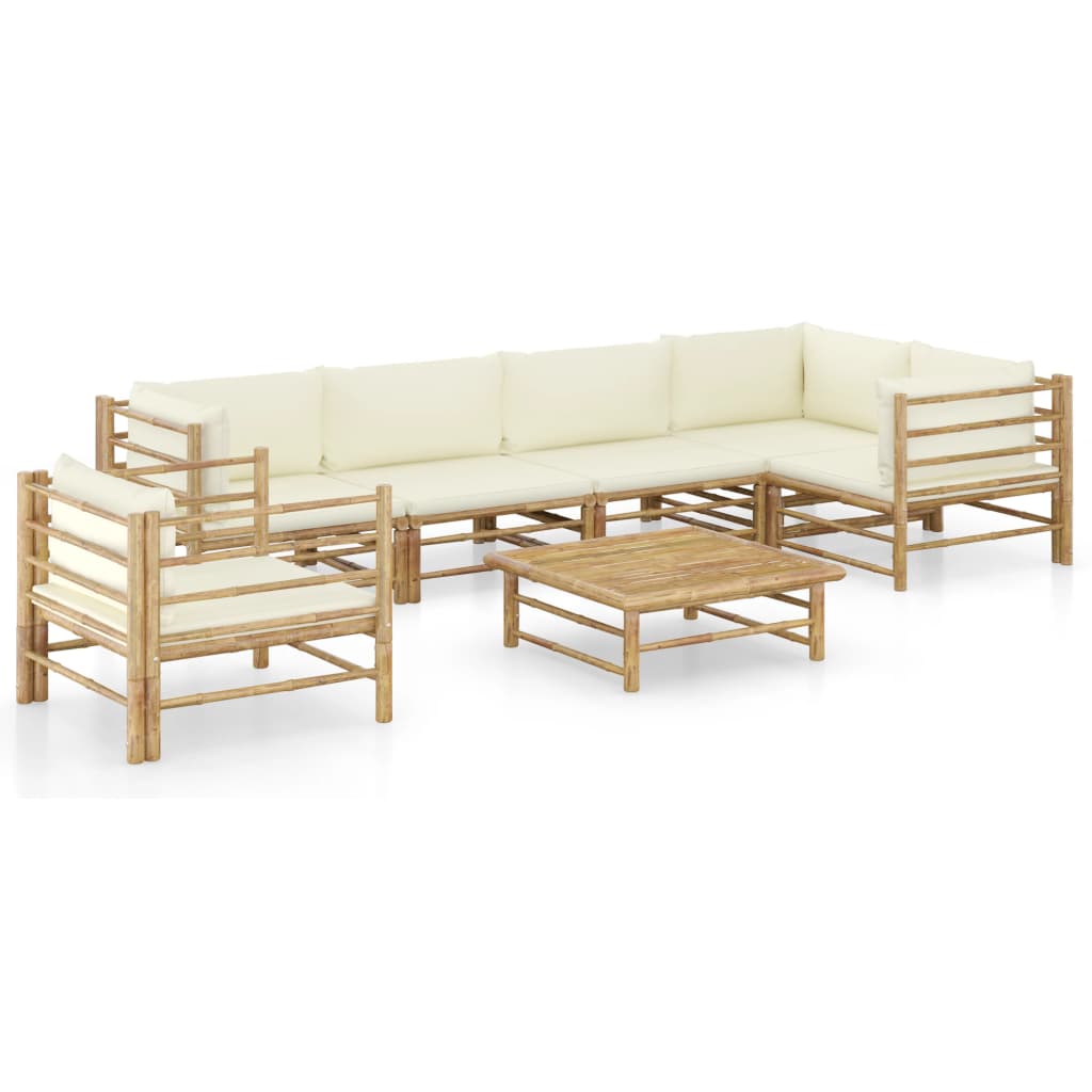 7 Pcs conj. lounge p/ jardim em bambu c/ almofadões branco nata