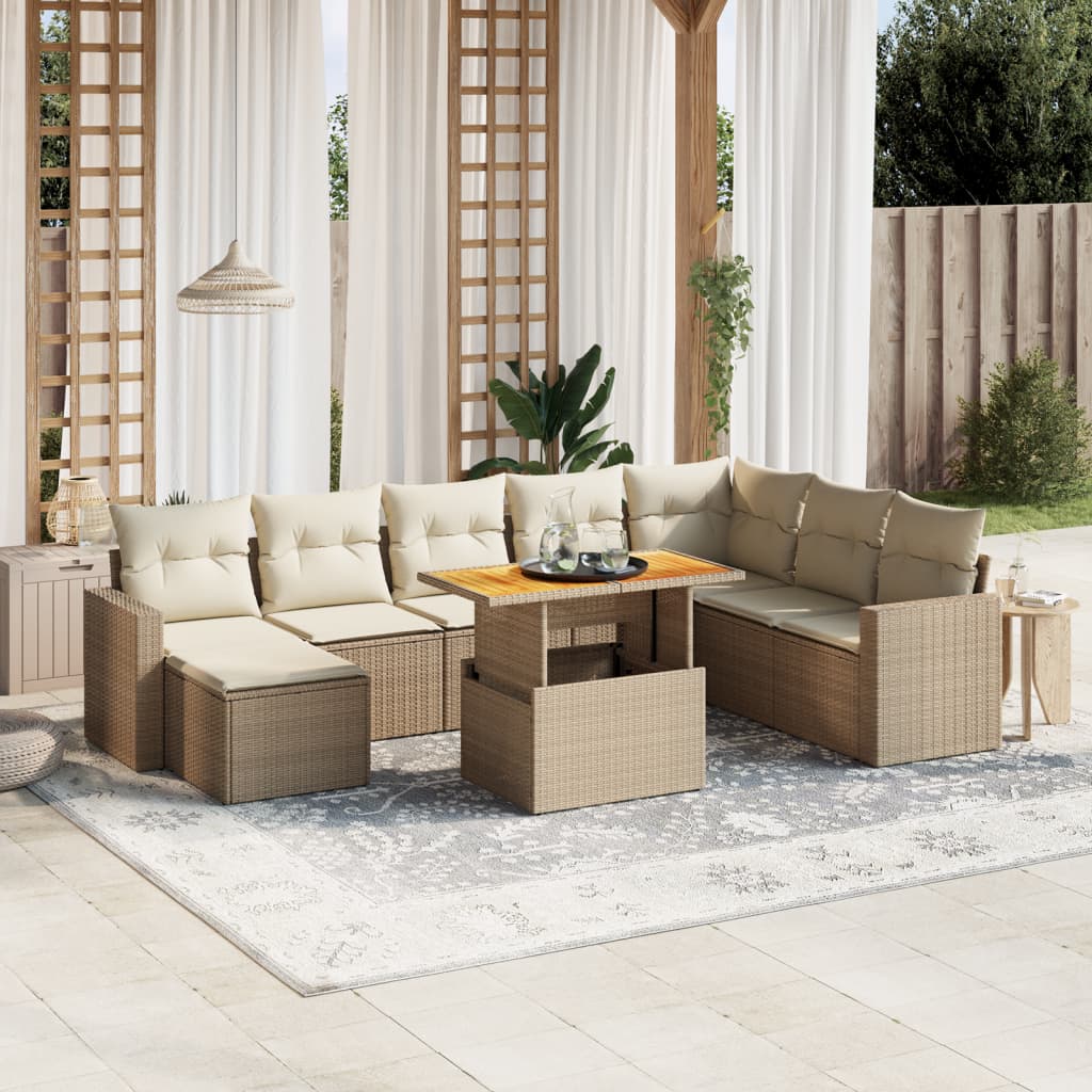 9 Pcs conjunto de sofás p/ jardim com almofadões vime PE bege