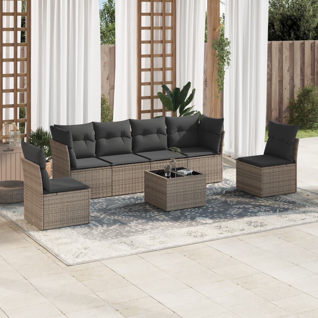 7 Pcs conjunto sofás p/ jardim c/ almofadões vime PE cinzento