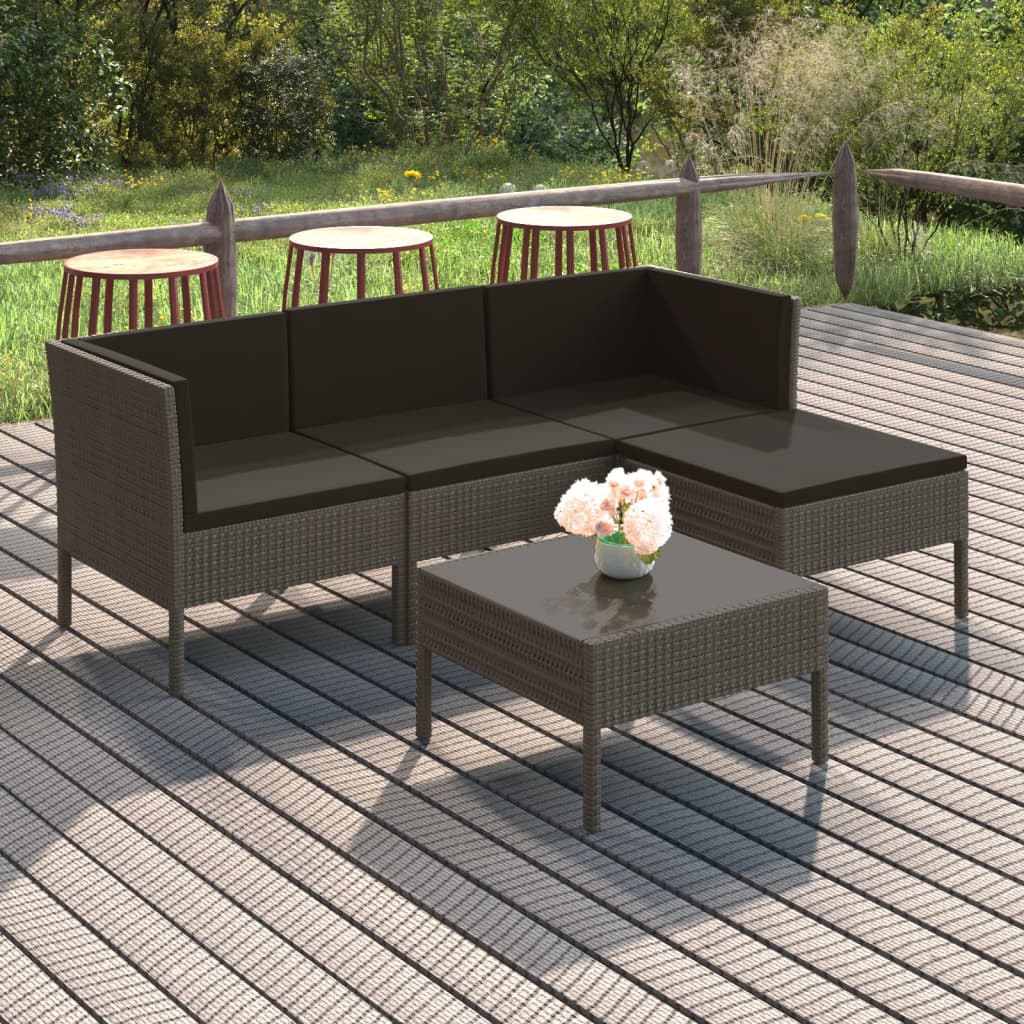 5 Pcs conjunto lounge de jardim c/ almofadões vime PE cinzento