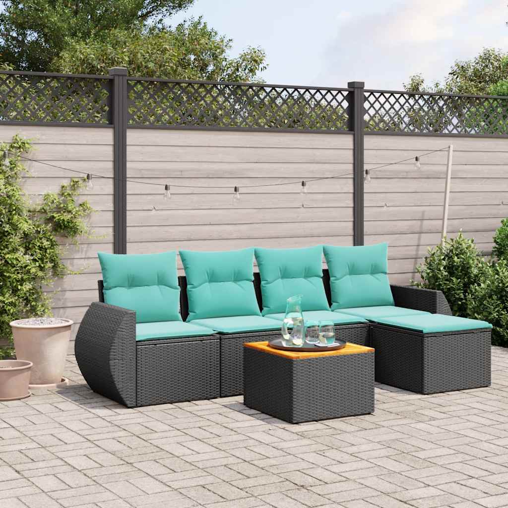 Conjunto de sofá de jardim com 6 peças e almofadas em rattan sintético preto