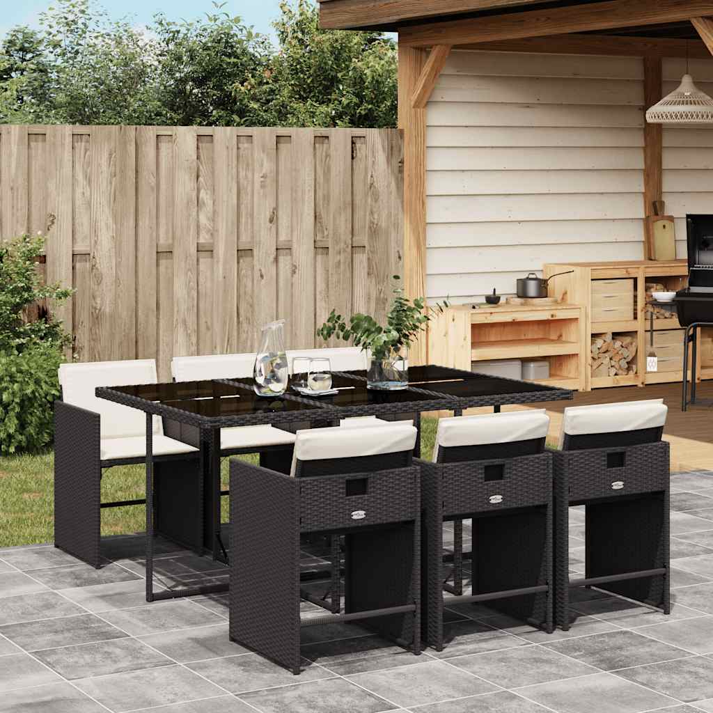 7 Pcs conjunto de jantar p/ jardim c/ almofadões vime PE preto