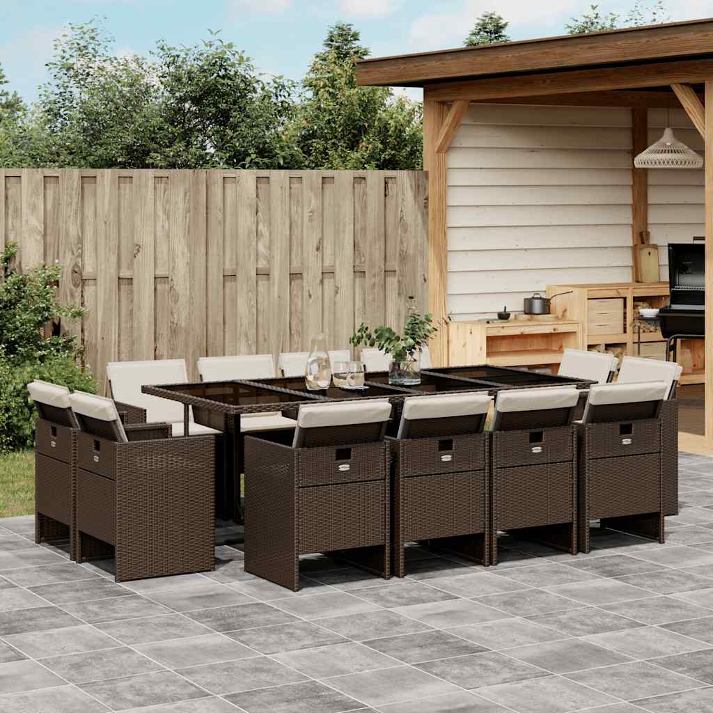 13 Pcs conjunto jantar p/ jardim c/ almofadões vime PE castanho