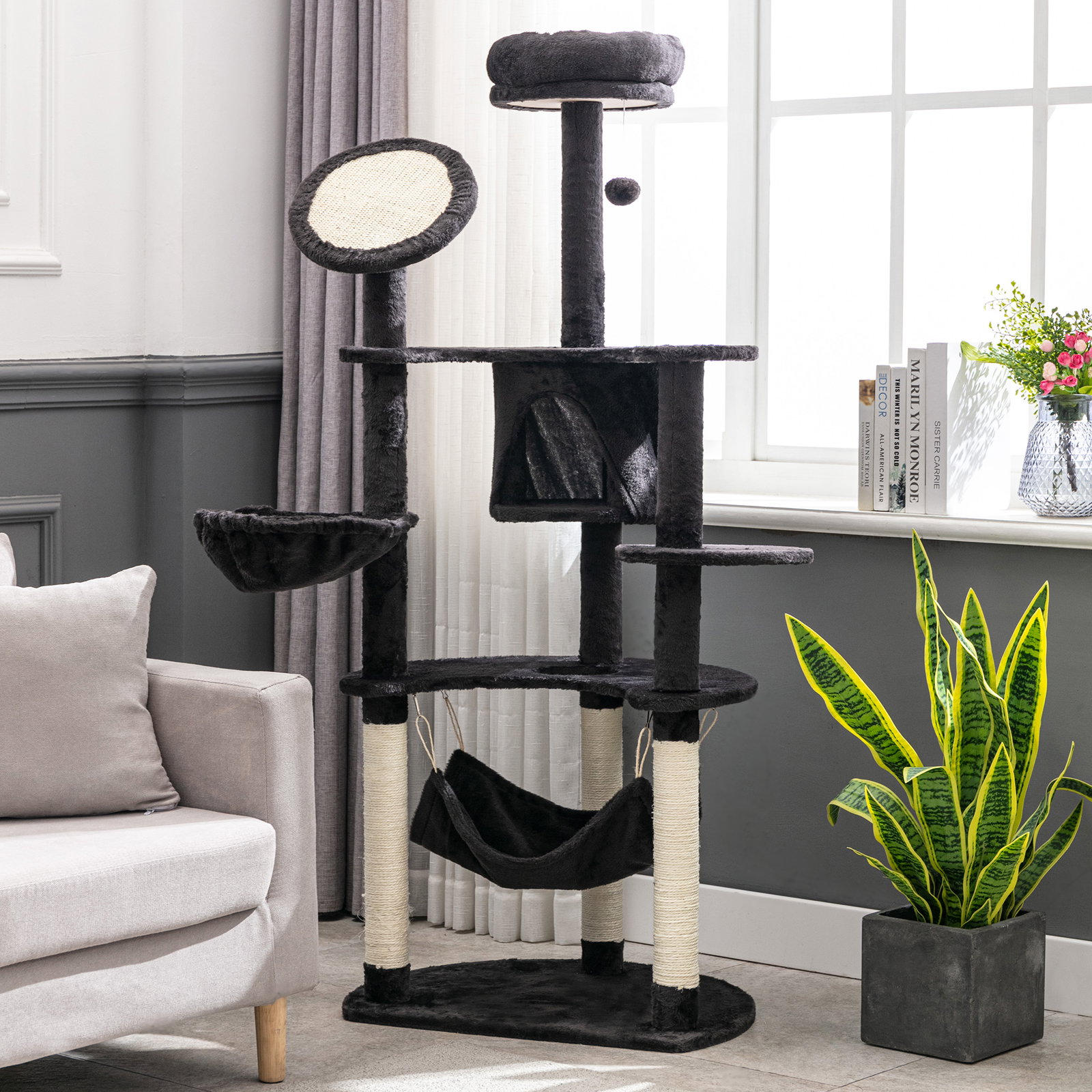 Árvore Arranhador para Gatos Grande Altura 153cm Torre de Escalada para Gatos com Caverna Redes Plataformas Postes Arranhadores