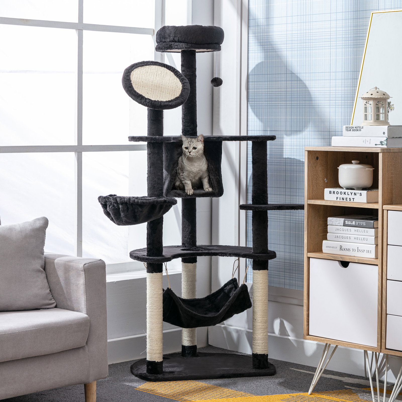 Árvore Arranhador para Gatos Grande Altura 153cm Torre de Escalada para Gatos com Caverna Redes Plataformas Postes Arranhadores