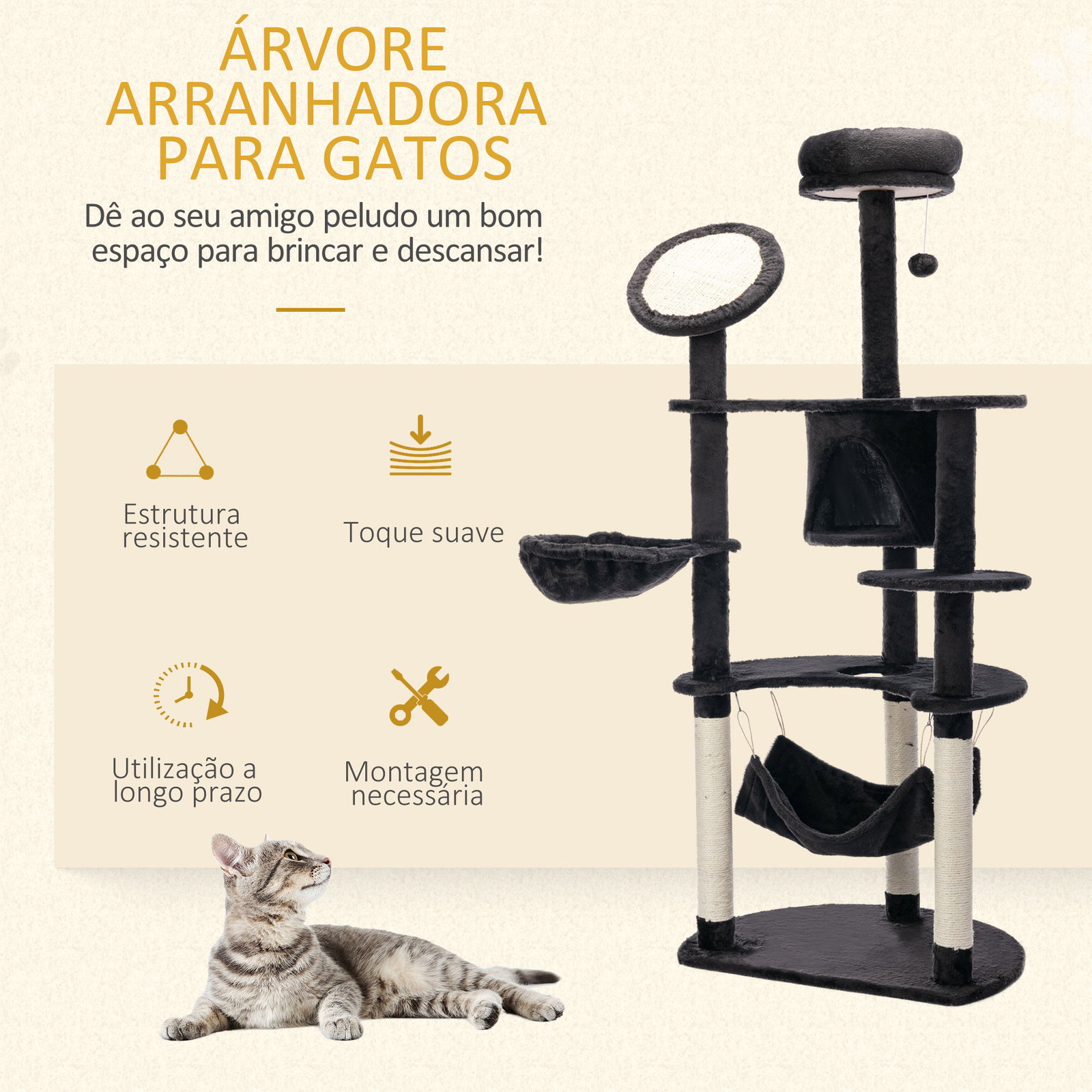 Árvore Arranhador para Gatos Grande Altura 153cm Torre de Escalada para Gatos com Caverna Redes Plataformas Postes Arranhadores