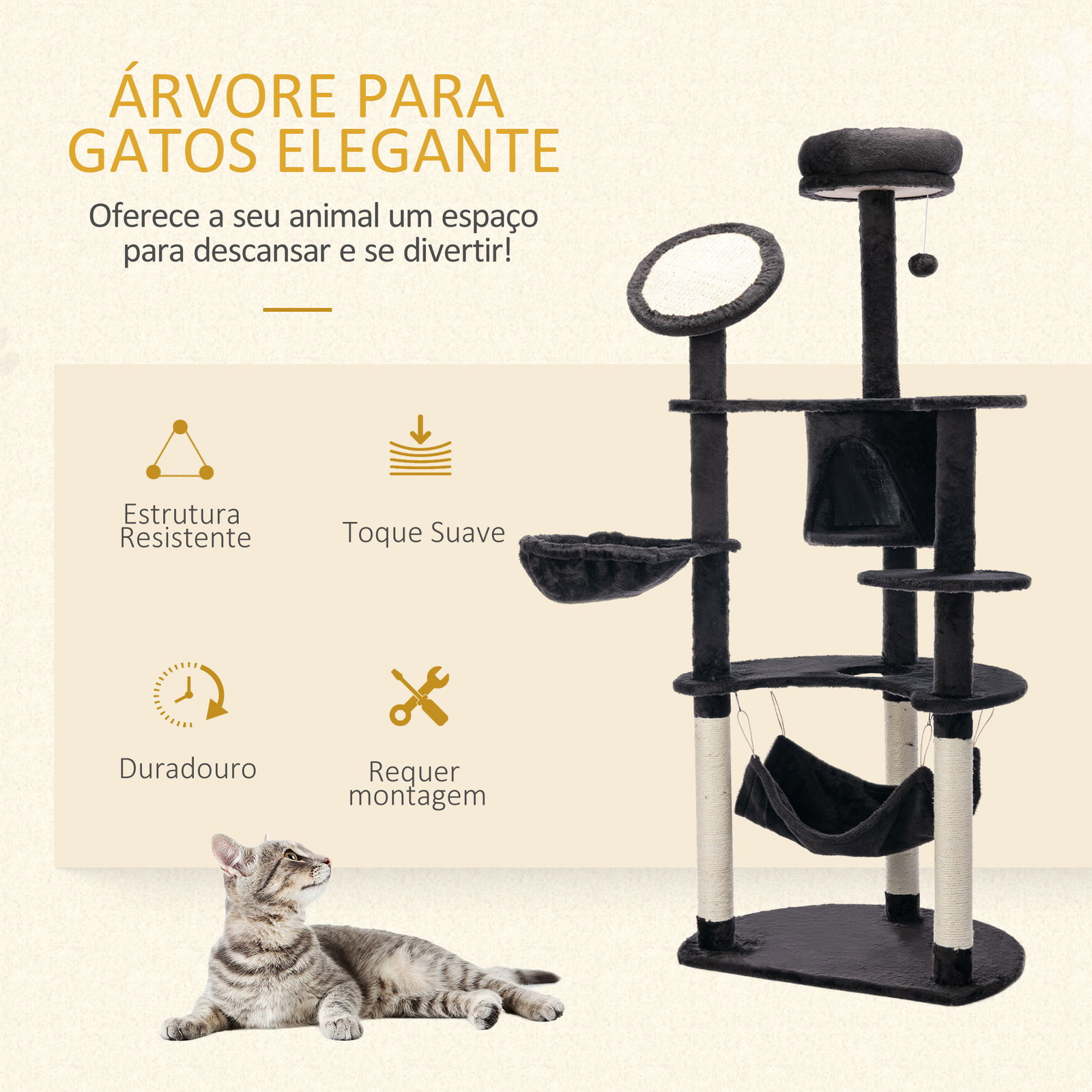 Árvore Arranhador para Gatos Grande Altura 153cm Torre de Escalada para Gatos com Caverna Redes Plataformas Postes Arranhadores
