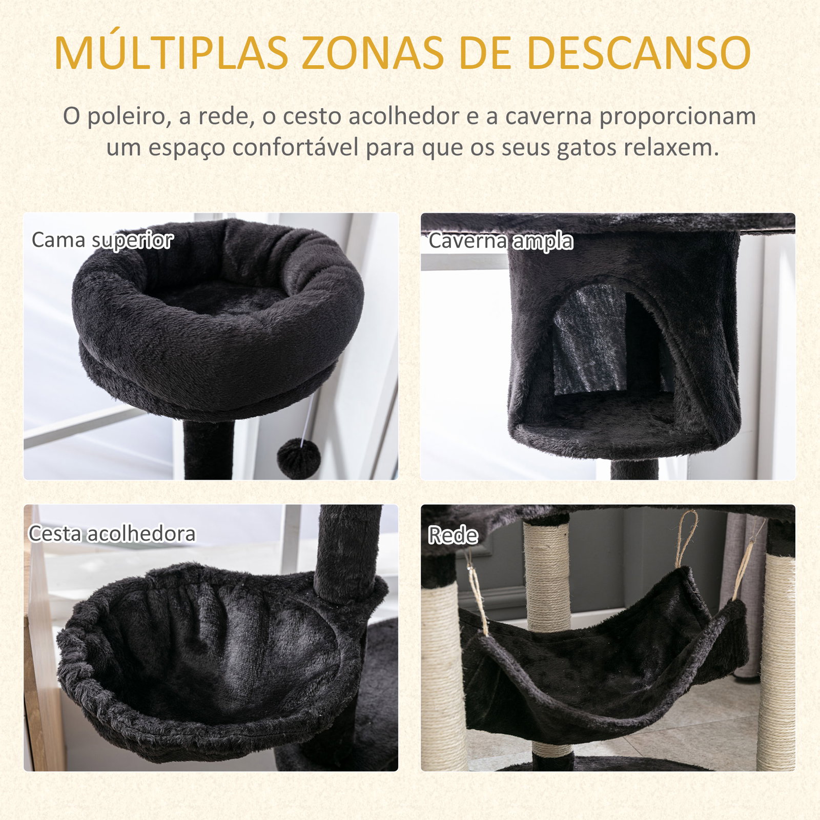 Árvore Arranhador para Gatos Grande Altura 153cm Torre de Escalada para Gatos com Caverna Redes Plataformas Postes Arranhadores