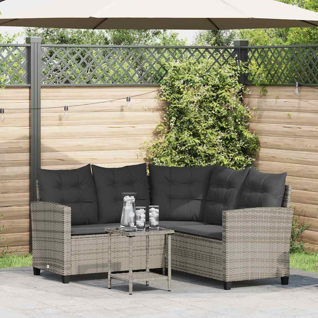 Sofá de jardim forma de l c/ mesa e almofadões vime PE cinzento