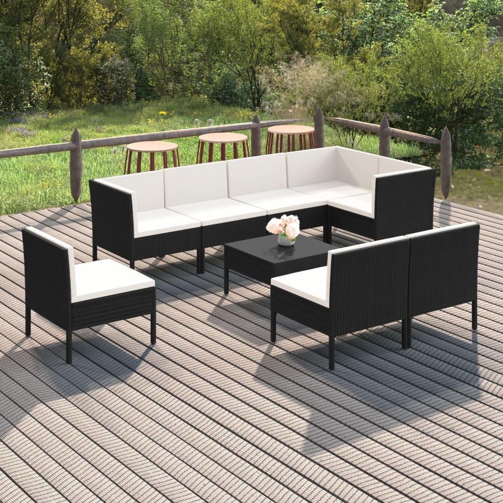 9 Pcs conjunto lounge de jardim c/ almofadões vime PE preto