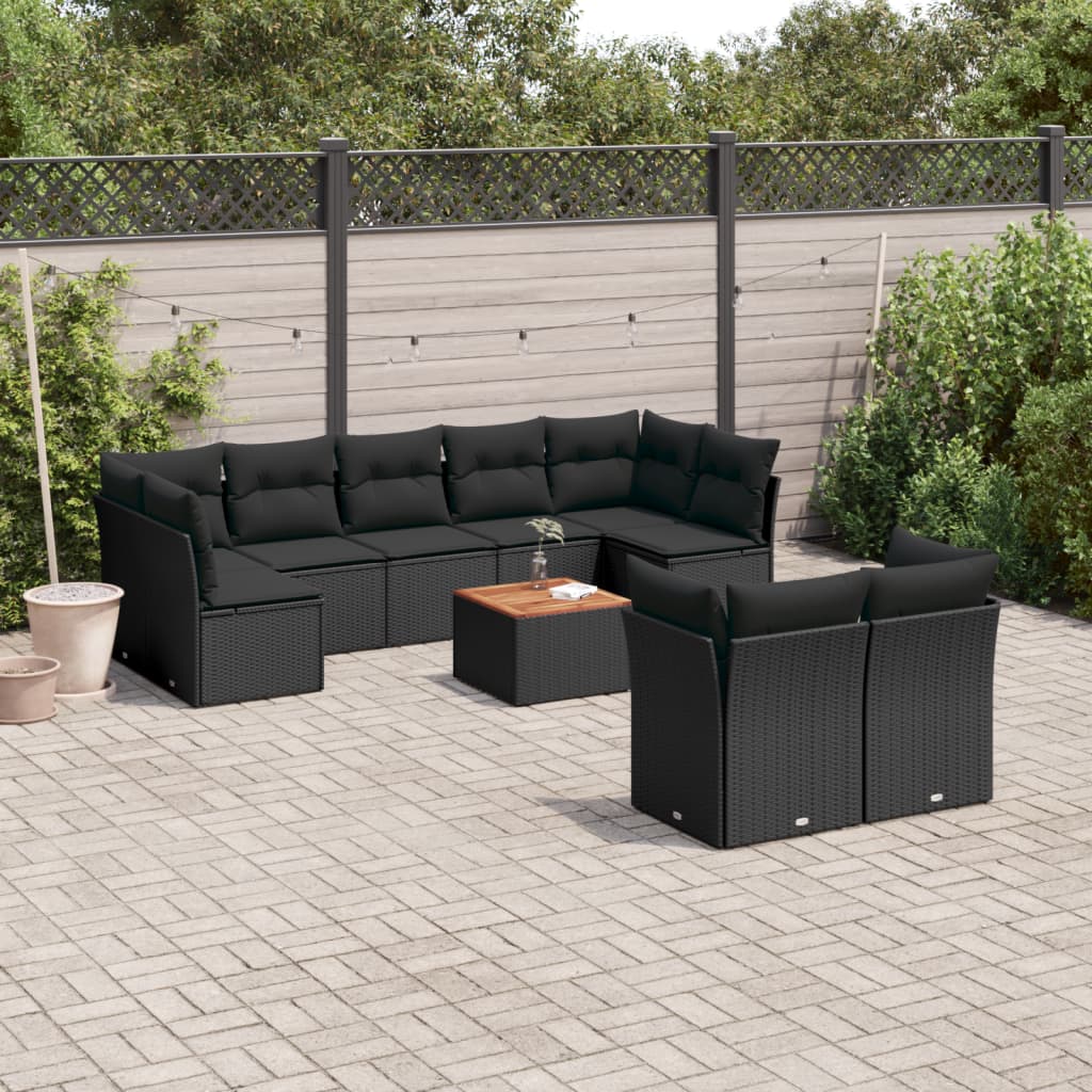 10 Pcs conjunto sofás de jardim c/ almofadões vime PE preto