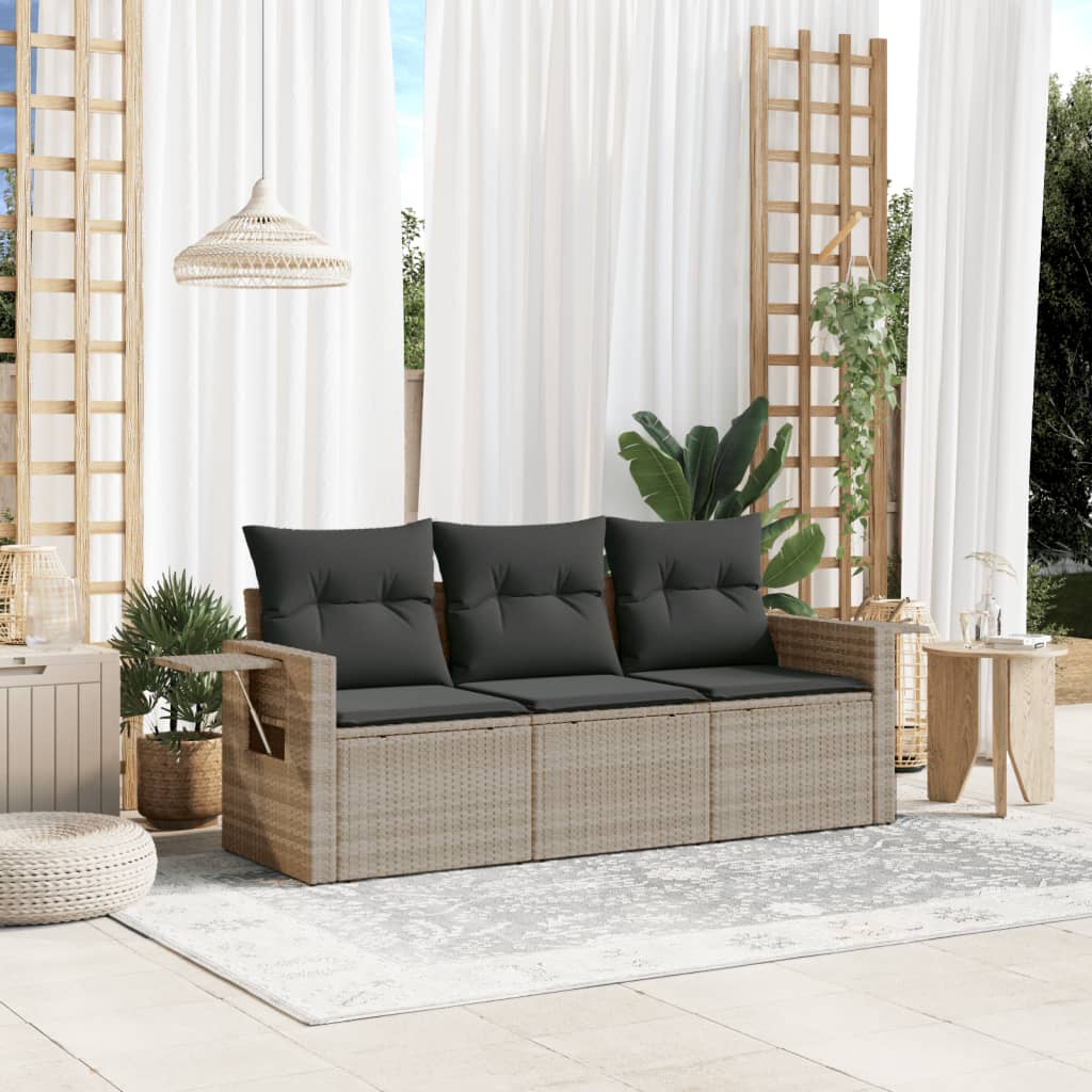 3 Pcs conj. sofás jardim c/ almofadões vime PE cinzento-claro