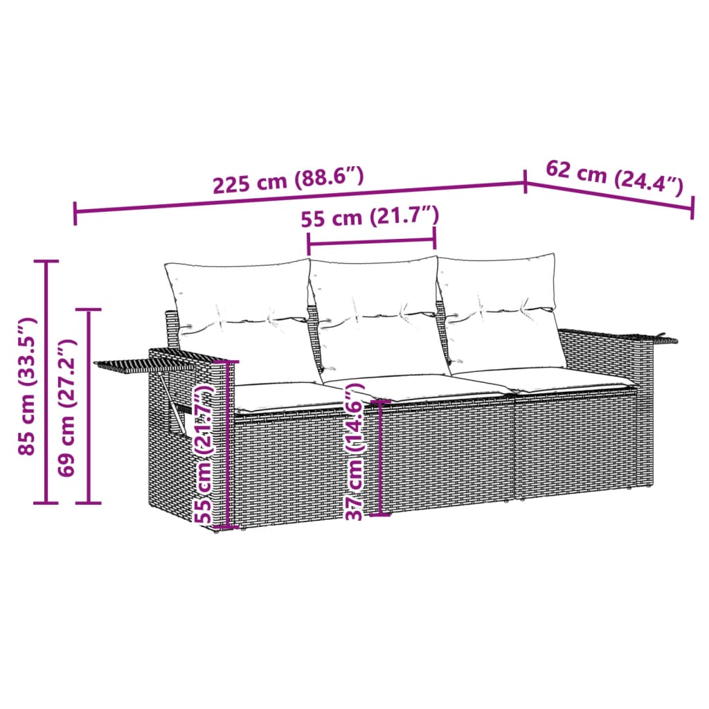 3 Pcs conj. sofás jardim c/ almofadões vime PE cinzento-claro