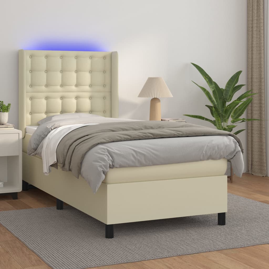 Cama box spring c/ colchão/LED 90x200 cm couro artificial creme